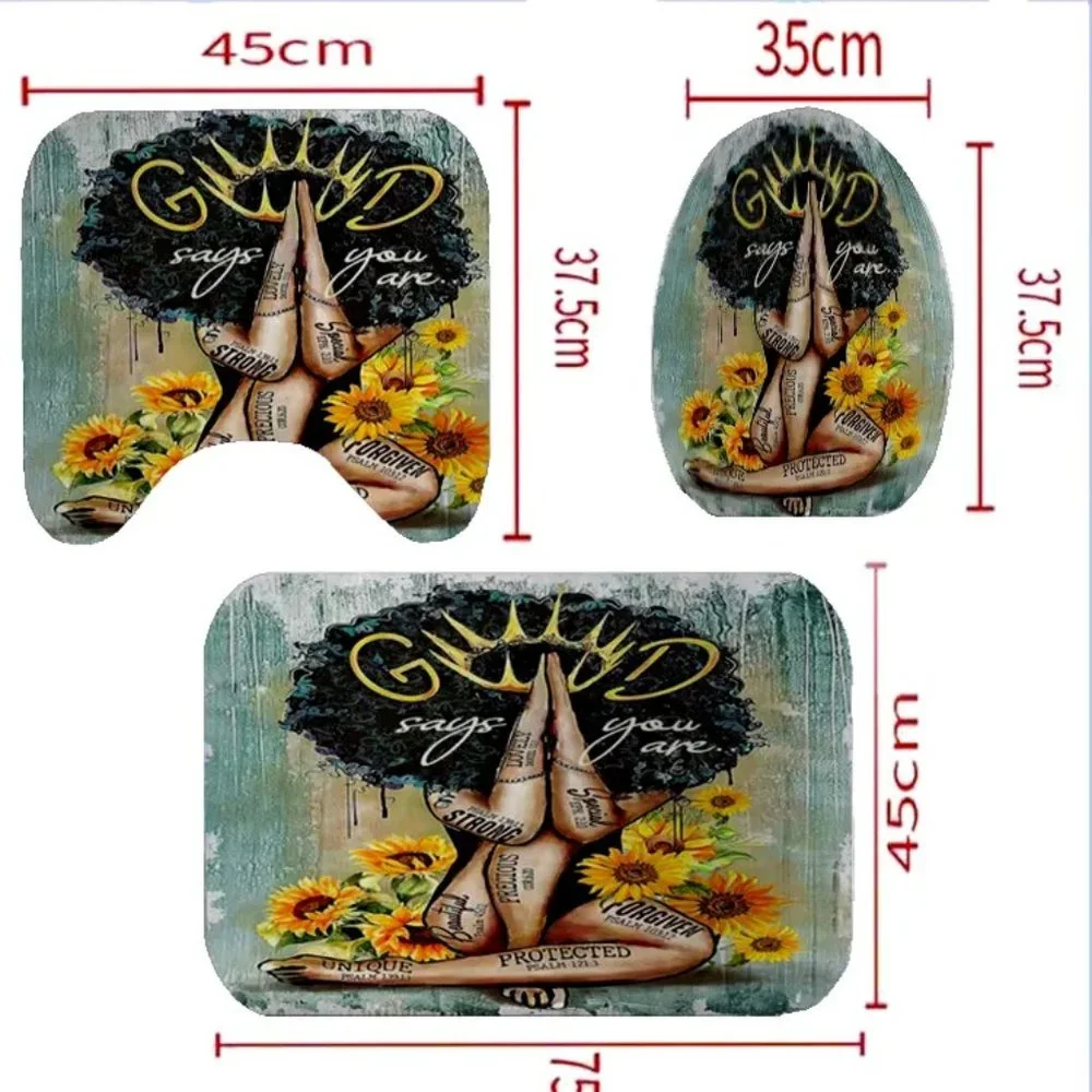 Waterproof Fabric 3D Print Deco African Girl Sunflower Bathroom Rugs Set New